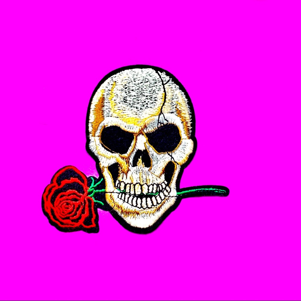 Skull with rose in mouth iron on patch